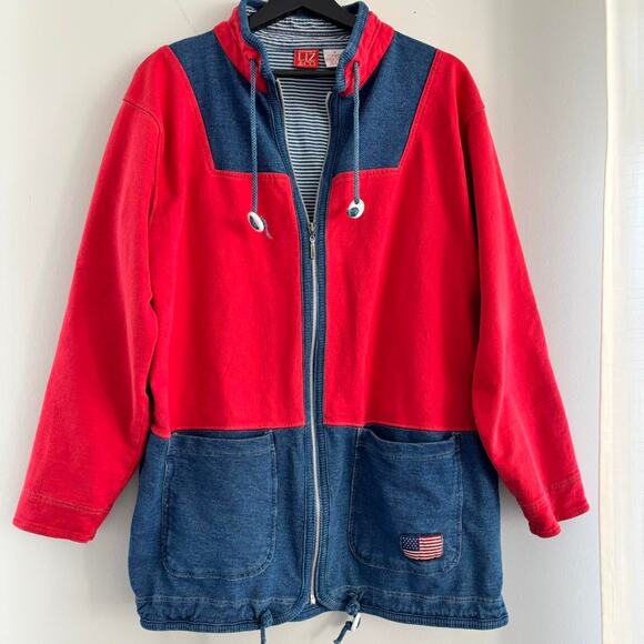90s Vintage Liz Claiborne Liz & Co Full Zip Jacket Drawstring Red Blue Denim - Picture 2 of 5